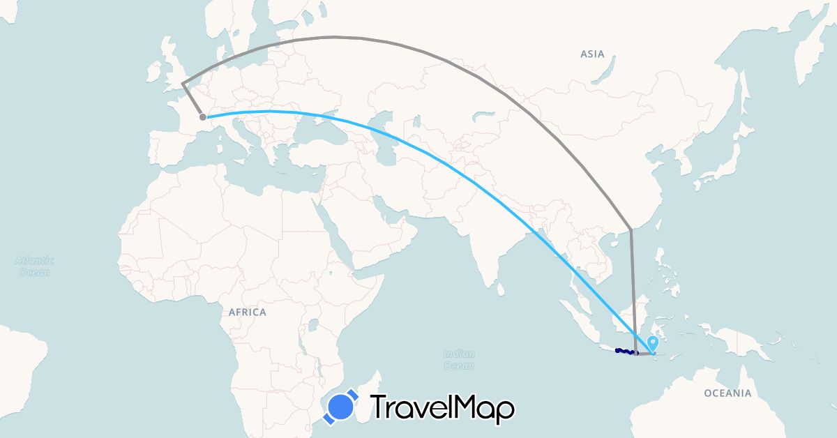 TravelMap itinerary: driving, plane, boat in France, United Kingdom, Indonesia (Asia, Europe)